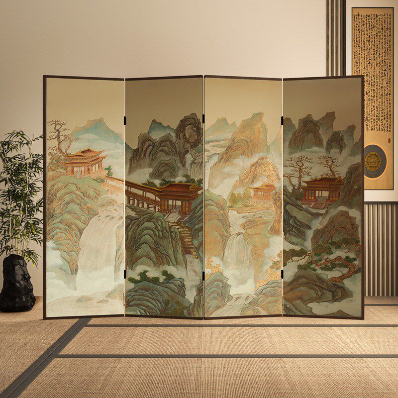 东方侘寂中式屏风隔断客厅办公室酒店茶室背景古典移动折屏山水画