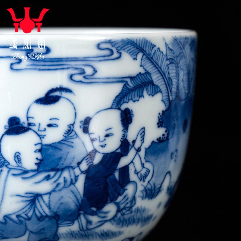 钟家窑主人杯单杯 景德镇手绘青花柴窑人物童子杯陶瓷功夫小茶杯