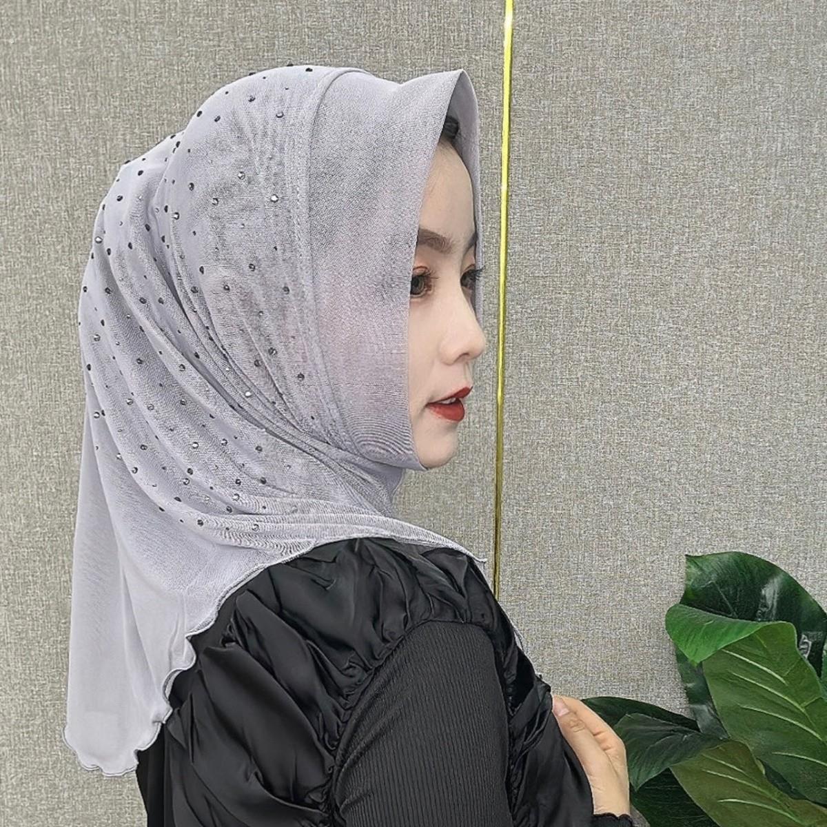 纱巾夏季新款方便头套双层网纱烫钻简便套头女头巾盖头