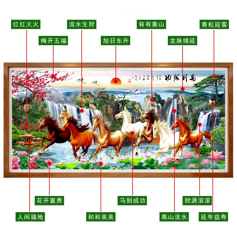 甄选6B76线绣十字绣2024新款绣客厅山水风景画八骏图马到成功满绣