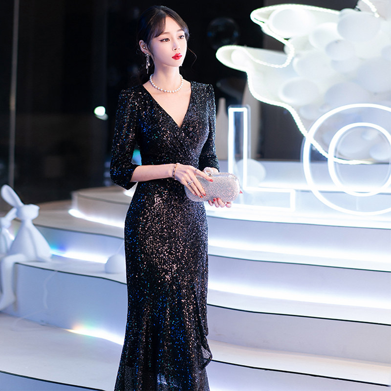 晚礼服女宴会气质名媛小众轻奢修身性感鱼尾黑色连衣裙亮片高级感