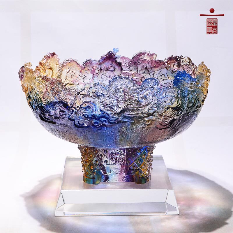 琉璃工艺品客厅隔断装饰茶几收纳博物架艺术品水晶九龙聚宝盆摆件