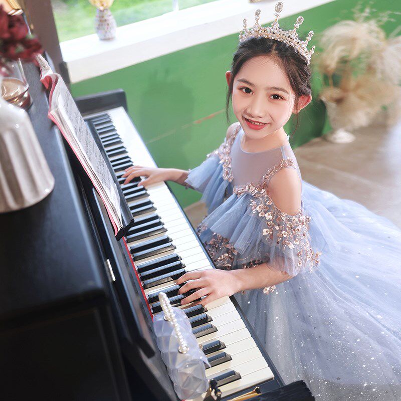 蓝色公主裙女童儿童高端花童婚礼小女孩礼服主持人钢琴演出服夏季