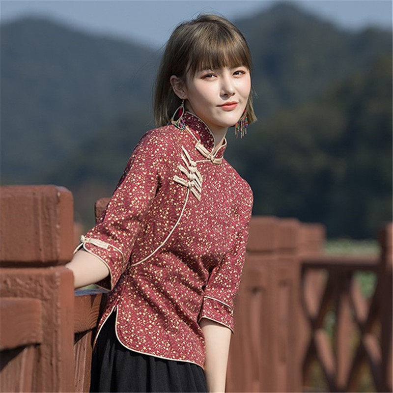 2022年复古汉服碎花上衣女中式改良旗袍唐装上衣显瘦大码短袖衬衫