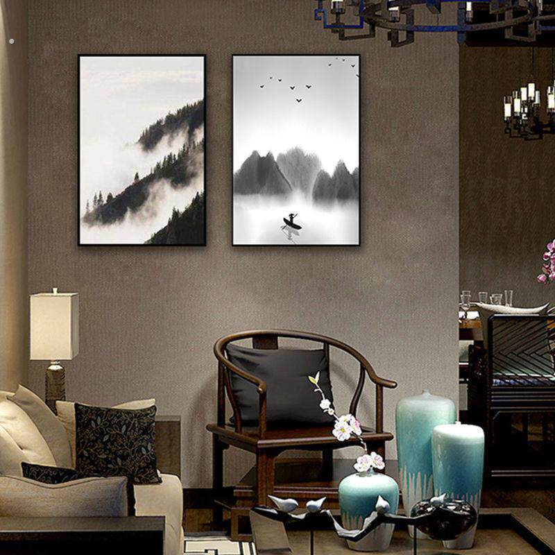 中式风格灰白色水墨风景壁画客厅背景墙装饰画卧室床头挂画