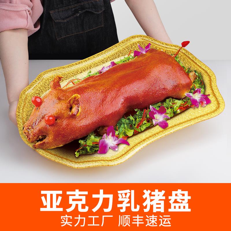 烤乳猪盘亚克力酒店商用刺身盘大号长方形烧猪肉平盘加厚金色托盘