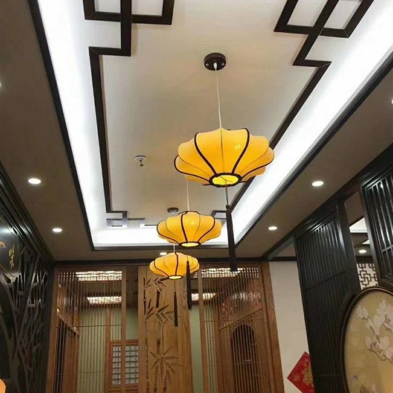 中式飞碟布艺吊灯饭店装饰灯水墨画古典灯具中国风仿古手绘红灯笼