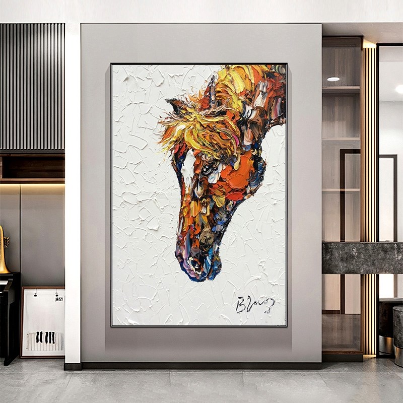网红美式酒店画马头客厅装饰画艺术油画玄关挂画北欧风餐厅轻奢挂