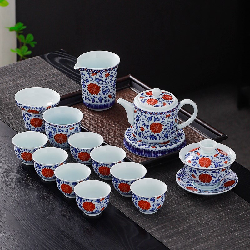 景德镇青花瓷悬停盖碗功夫茶具套装家用陶瓷茶壶品茗杯茶盏泡茶碗