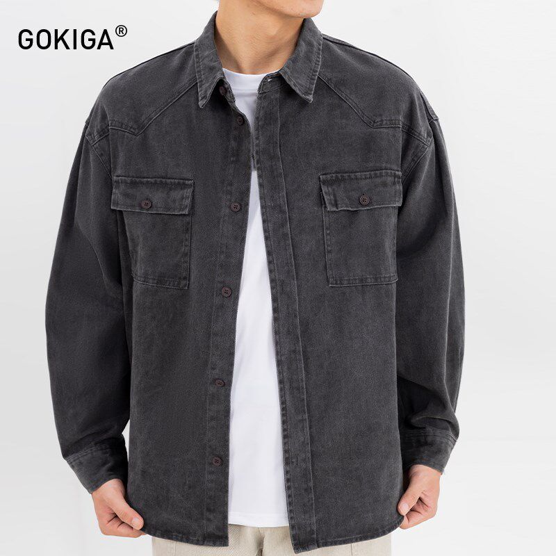 GOKIGA宫崎迦2024新款水洗做旧牛仔衬衫男休闲翻领衬衣外套潮1545