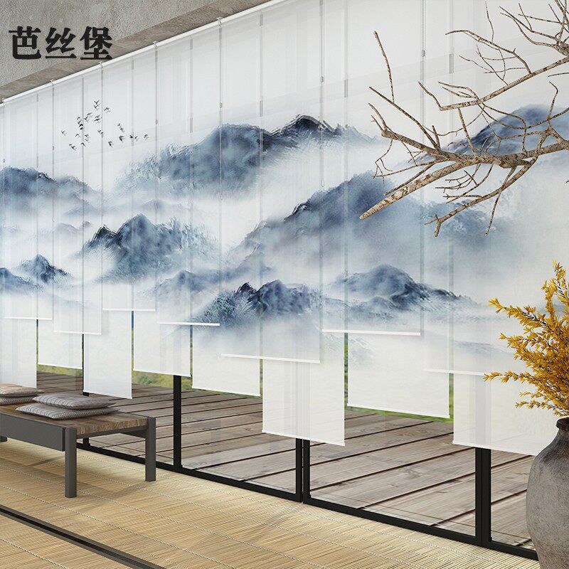 新中式大厅遮光卷帘茶室窗帘软隔断帘拉帘禅意客厅升降式遮光