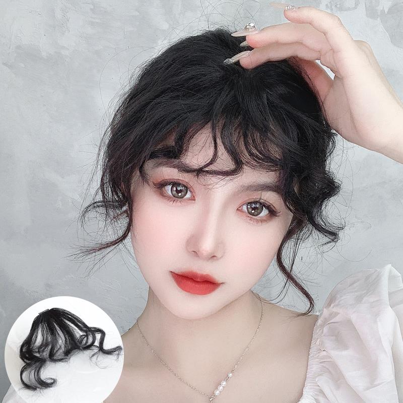 真人短卷发假发深棕色自然补发块前额短发刘海假发片女神器