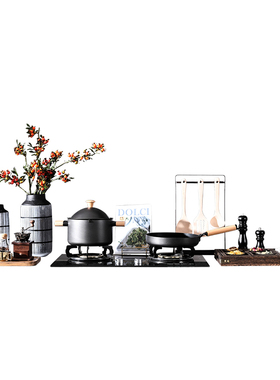 新中式厨房软装饰品摆件橱柜搭配组合套装样板房间陈设锅具咖啡机