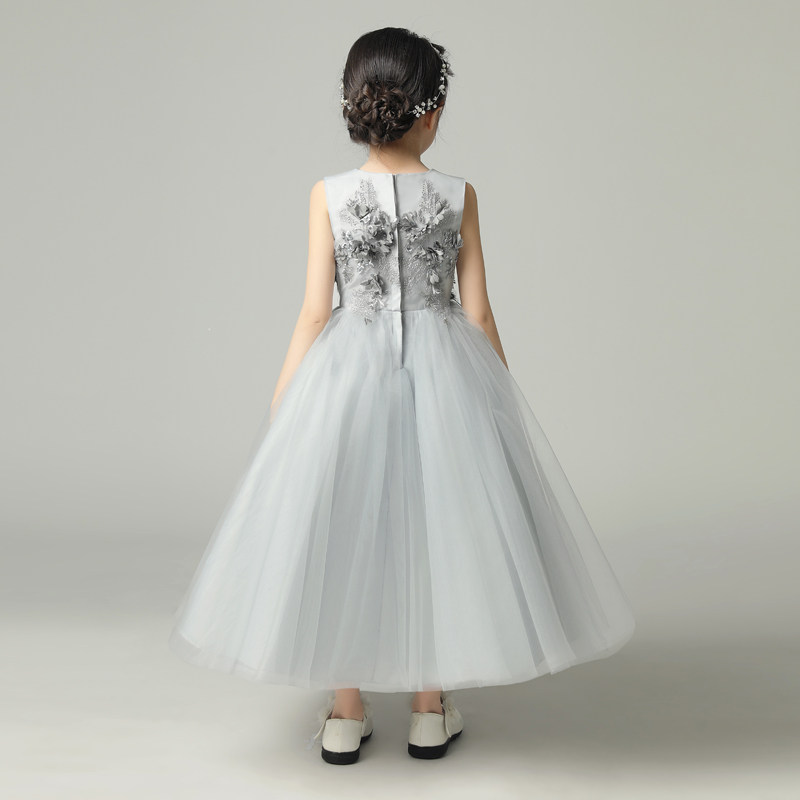 儿童礼服公主裙蓬蓬纱灰色婚纱长裙中大童钢琴模特演出服洋气