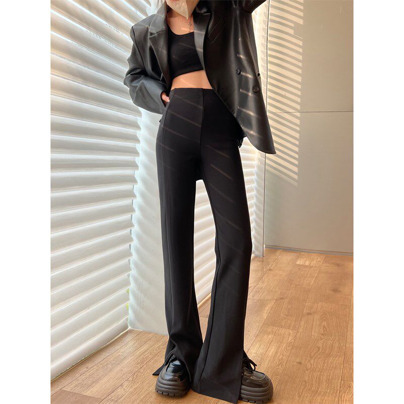 开叉黑色裤子女2024新款春秋高腰窄版休闲直筒垂感微喇西装阔腿裤