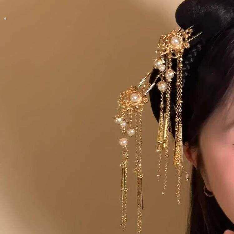 新中式珍珠流苏发钗复古国风汉服旗袍步摇后脑勺簪子百搭发簪头饰