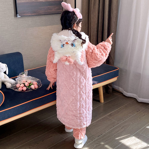 儿童睡衣套装冬季加厚款睡袍三层夹棉女童小孩珊瑚绒法兰绒家居服