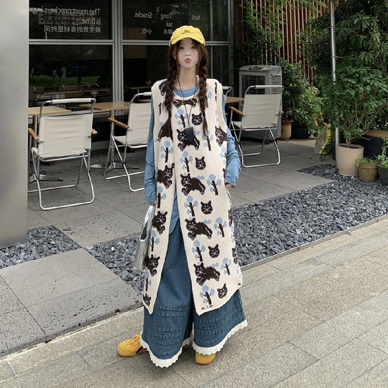 大码胖mm卡通猫咪马甲背心裙打底衫牛仔阔腿裤女秋冬显瘦三件套装