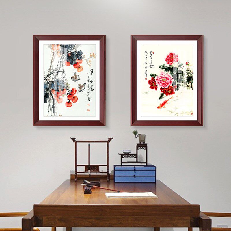 定制竖款新中式实木电表箱装饰画客厅配电盒电源箱遮挡画二联组合