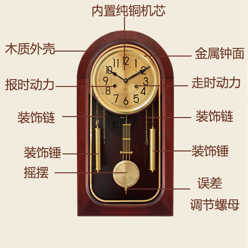 包邮复古钟表老式发条上链摆钟墙壁挂钟桌面摆钟纯铜机芯木质时钟