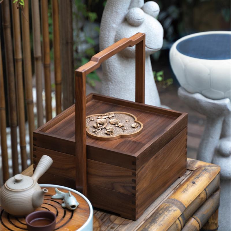 复古摆件装饰手提糖果盒子干果篓新中式客厅实木方形茶几收纳精致
