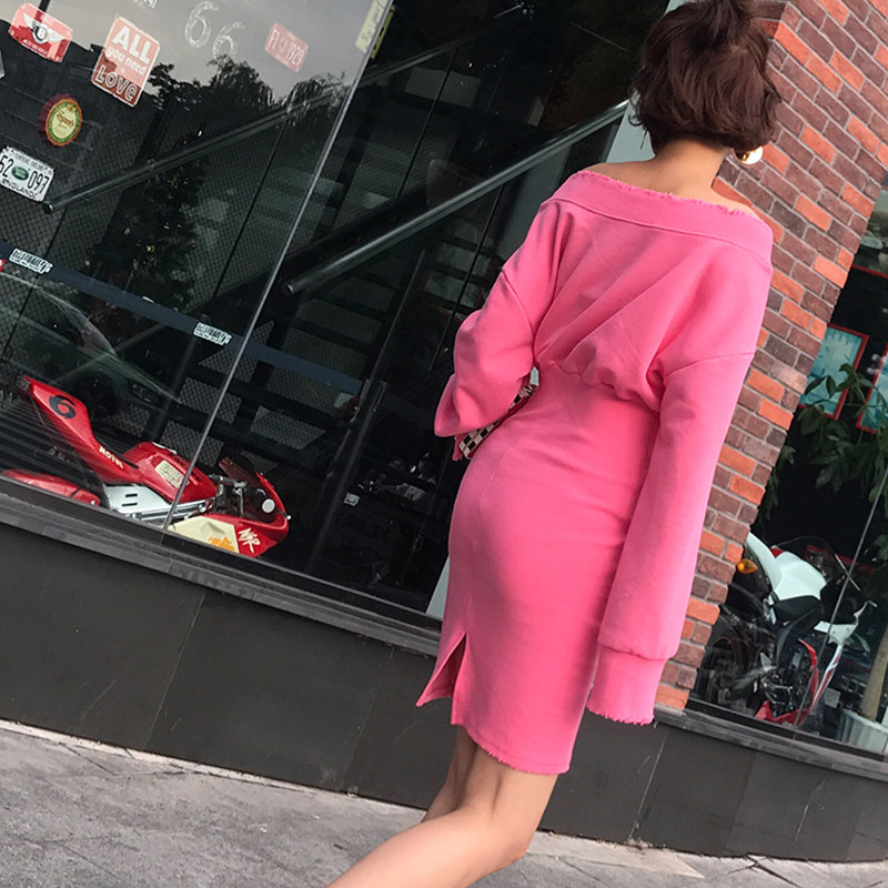 一字肩收腰显瘦鱼尾裙性感开叉包臀中长款粉色长袖卫衣连衣裙女神