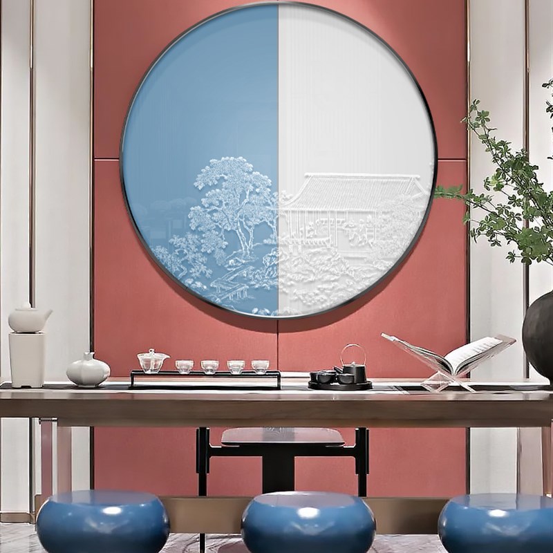 新中式云山楼阁图玄关客厅圆形装饰画立体浮雕书房背景墙挂画禅意