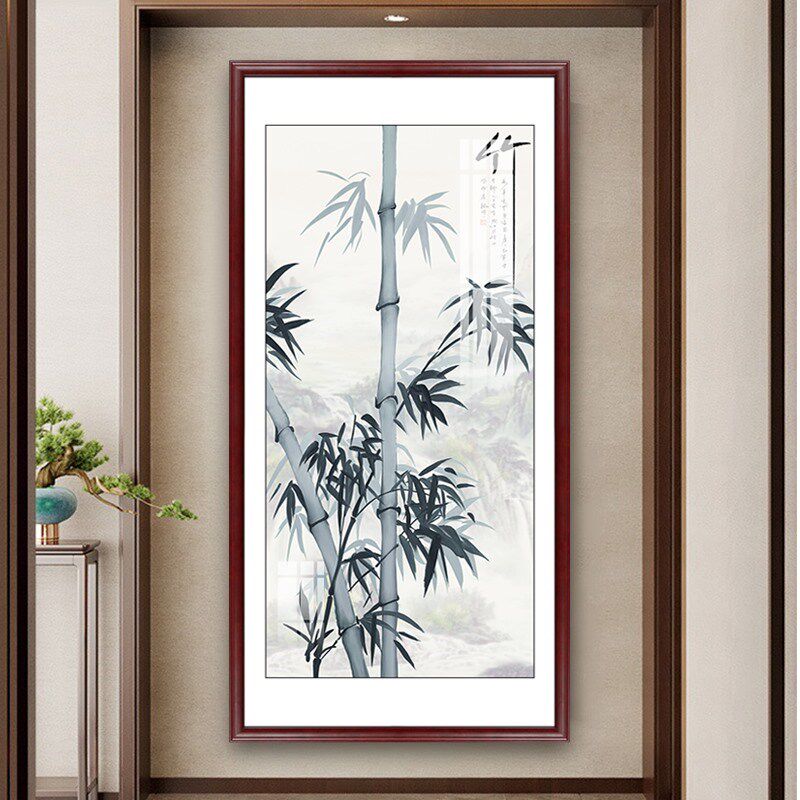 清雅中式高档玄关背景墙装饰画竹报平安入户过道走廊挂画实木框画