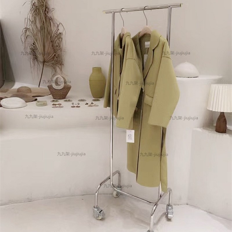 服装店展示架带轮子不锈钢金色中岛陈列侧挂落地式网红女装店货架