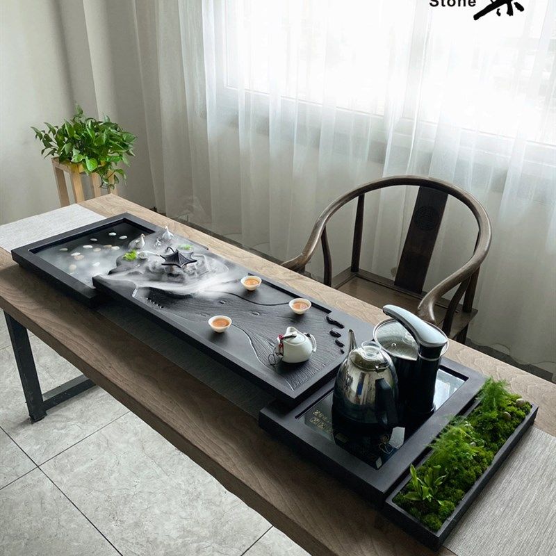 高端乌金石茶盘雾化流水养鱼茶台特大号石材功夫茶烧水壶一体茶海