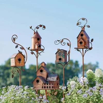 甄选跨境新款Birdhouse Garden Stakes金属艺术带杆 户外鸟屋花园