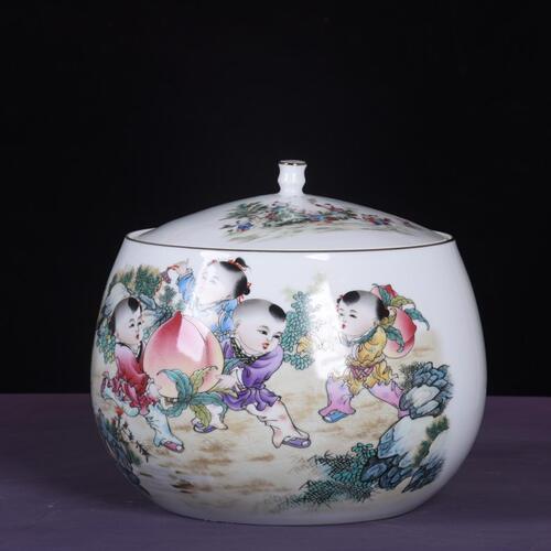 甄选陶瓷聚盆鱼缸五子登科景德镇陶瓷储物米缸家用茶叶缸带盖