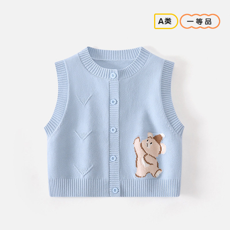 新款小熊背心婴幼童卡通圆领棉针织马甲秋季无袖开衫a类宝宝毛衣