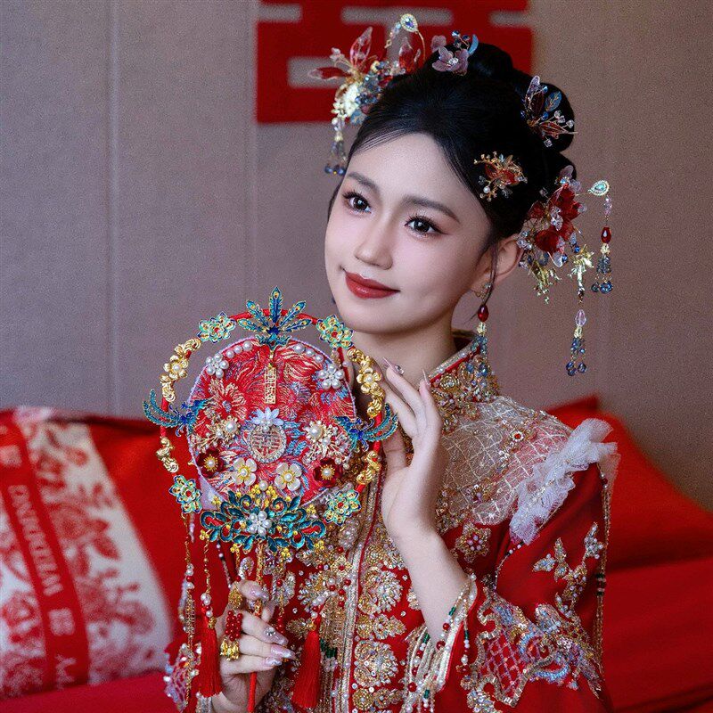 团扇新娘结婚秀禾扇子y扇双面婚扇级品高成感高端中式di喜材料包