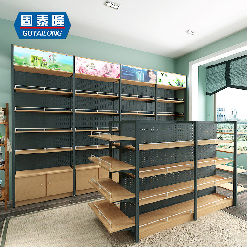 钢木货架木质展架超品精市柜柜便利店高展钢木结合边柜中岛货架子