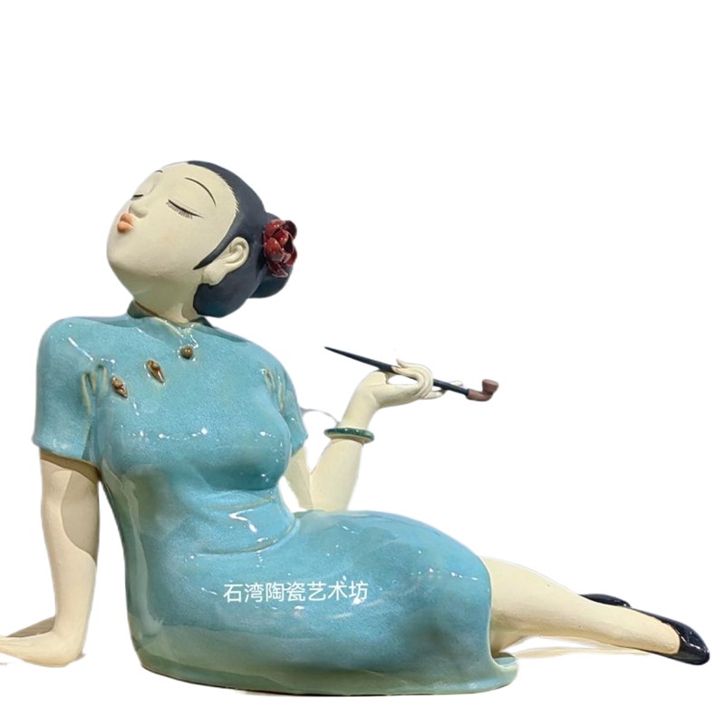 陶瓷旗袍仕女烟韵手工艺摆件中式家居创意装饰石湾公仔民国风仕女