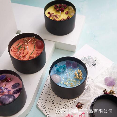 甄选干花水晶香薰蜡烛8盎司纯黑色铁天然无烟植物大豆蜡香味蜡