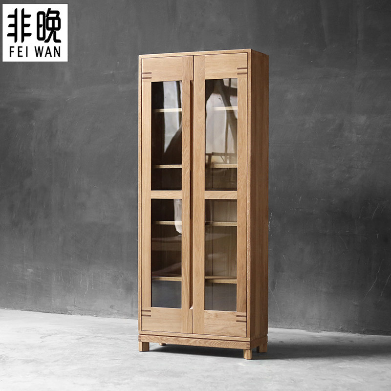 纯全实木书北白橡木双门柜欧现代带玻璃门书橱原木酒柜展示柜边柜