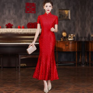 蕾丝新中式改良时尚旗袍 婚宴妈妈平时可穿走秀修身优雅鱼尾礼服
