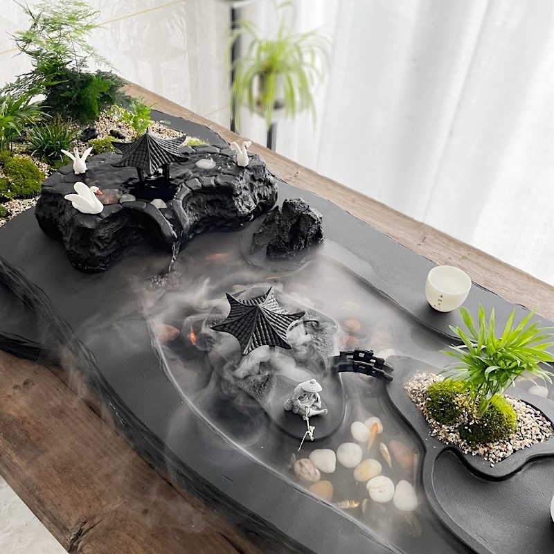 超大款高端大气乌金石茶盘家用中式雾化茶海流水养鱼茶台景观石材