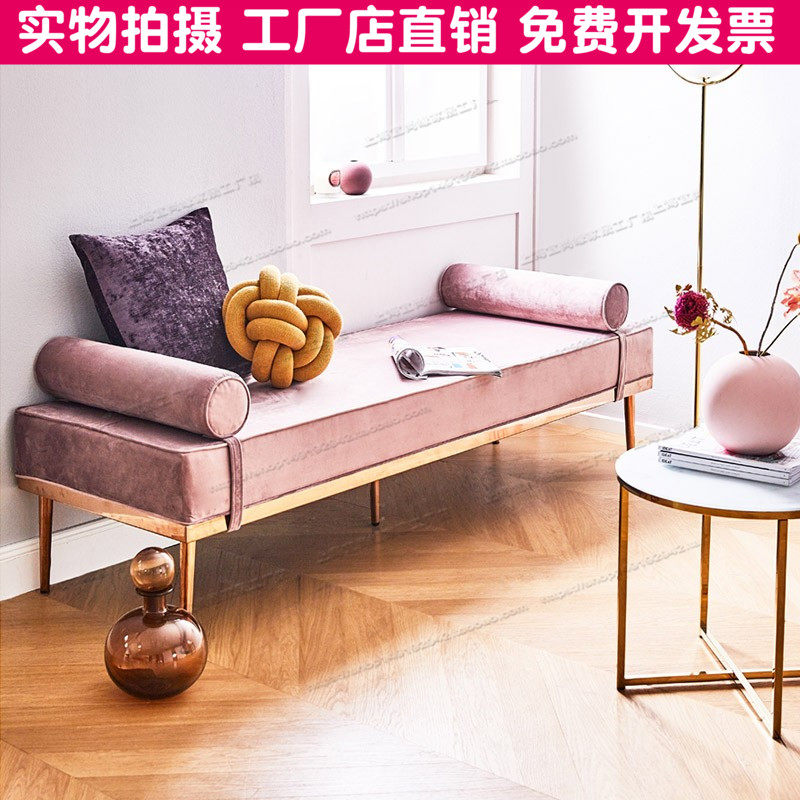 北欧网红轻奢长条凳不锈钢粉色绒布商服装店沙发凳子衣帽间换鞋凳