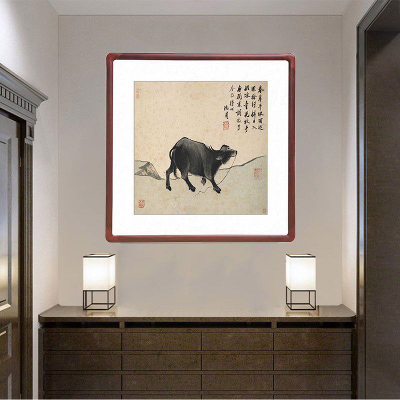 沈周卧游图斗方形字画客厅装饰画玄关走廊过道壁画餐厅动物牛挂画