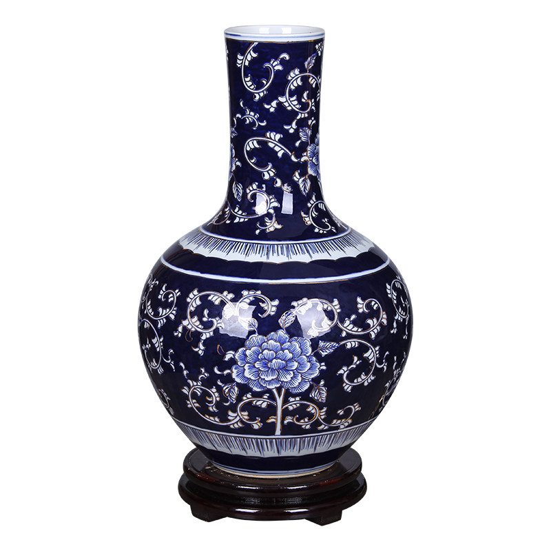 景德镇陶瓷器手绘描金青花瓷花瓶中式客厅插花玉壶春瓶摆件装饰品