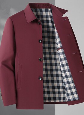 高档品质夹克秋季新款男士翻领红色休闲爸爸外套中年商务上衣茄克