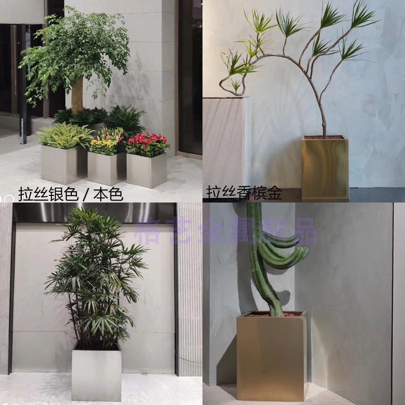 304不锈钢花盆落地花瓶 香槟金方形花钵户外圆形花器可做托盘定制