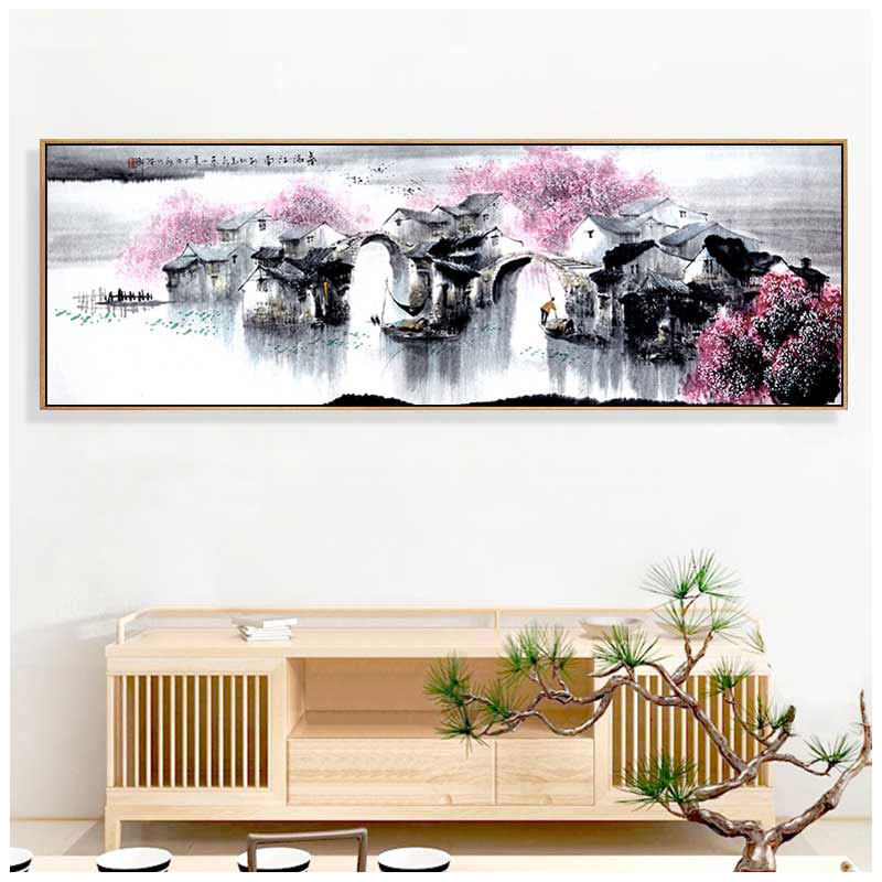 江南禅意山水装饰画客厅背景墙茶室壁画新中式酒店民宿茶艺挂画