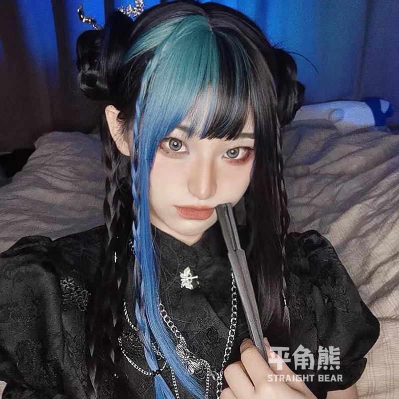平角熊假发女长发网红挑染渐变自然逼真Lolita齐刘海长直发全头套