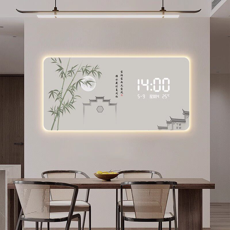 竹子挂画新中式餐厅装饰画免打孔数显屏2025新款钟表带灯客厅壁画