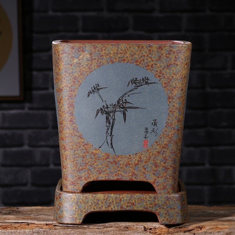 精品紫砂兰花盆君子兰盆景盆栽带托刻绘四方形兰草君子盆景盆陶瓷