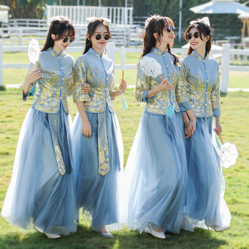 中式伴娘服香槟色新娘结婚礼服国风秀禾旗袍2021新款姐妹团伴娘裙